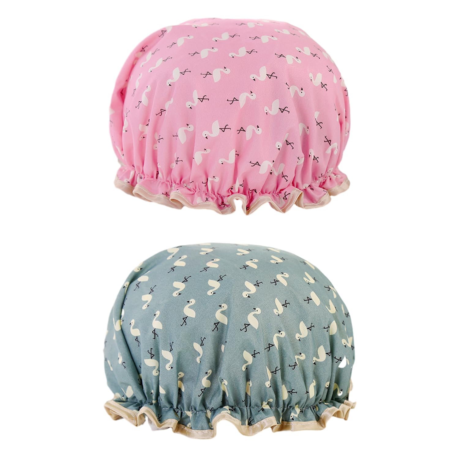 2 gorros de ducha impermeables, banda elástica de doble capa, con volantes, gorro de ducha reutilizable, unisex, adecuado para baño, spa (rosa, azul)
