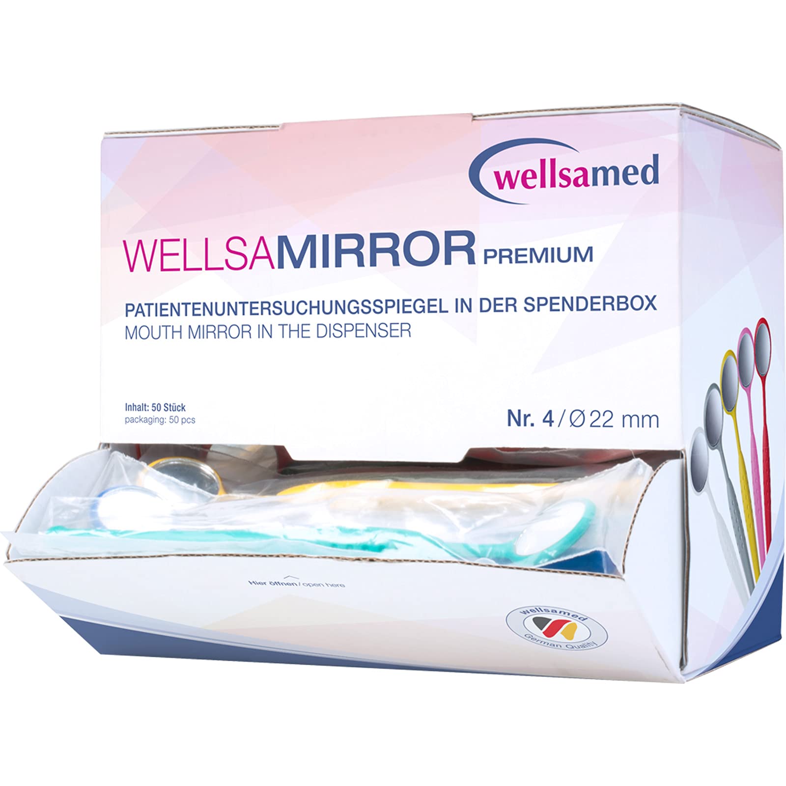 Wellsamed wellsamirror Premium Mundspiegel (Kunststoff leicht) Größe 4 I 22 mm | Dentalspiegel Zahnarzt Patientenuntersuchungsspiegel, 50 Stück Dispenser Box sortierte Farben
