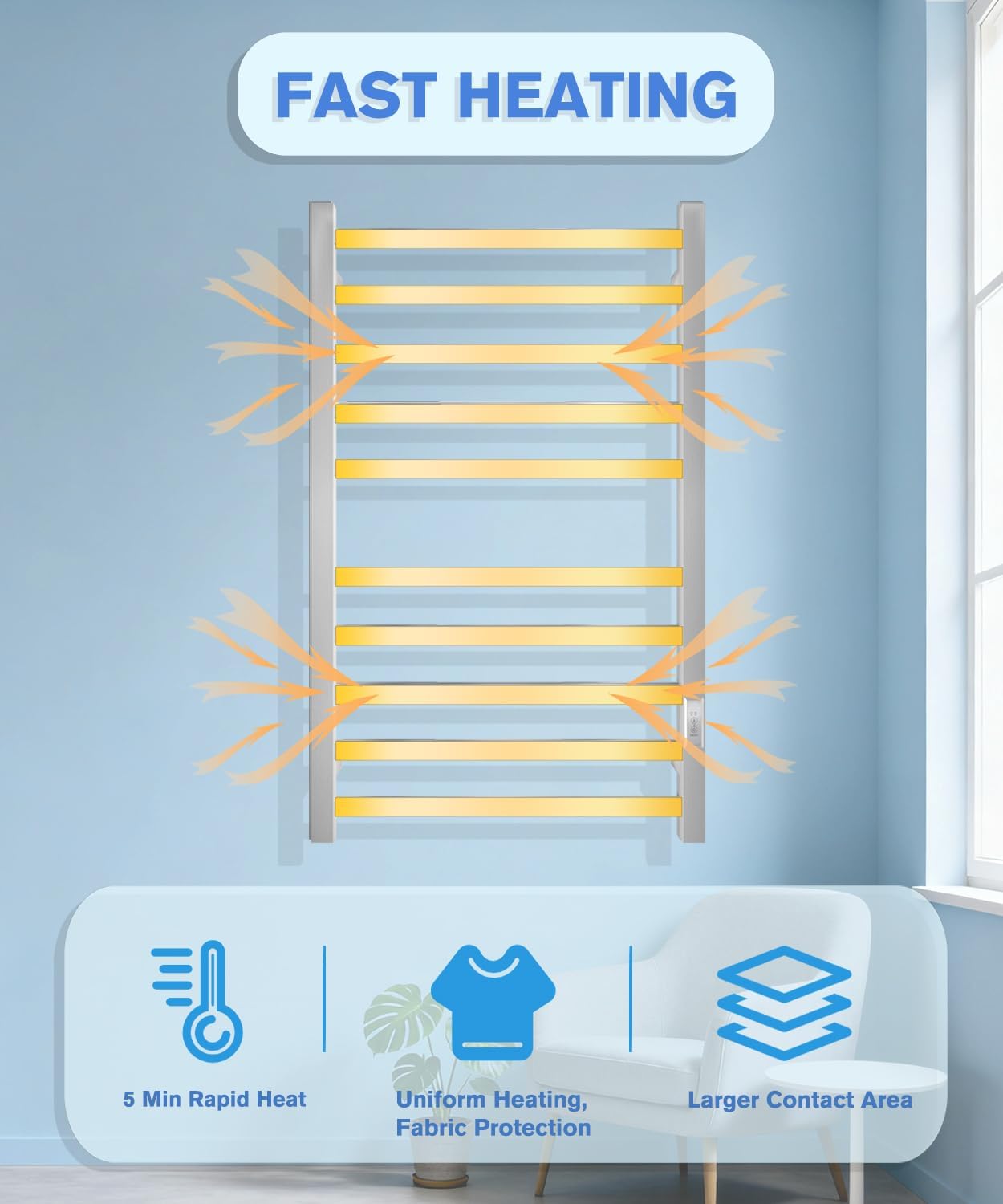 Towel Warmer for Bathroom, Heated Towel Warmer Rack Wall Mounted, 10 Bar Large Electric Hot Towel Rack with Built-in Timer, Plug-in, Fast Heating, Nickel Silver