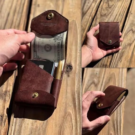 2025 New Multifunctional Compact Wallet,Handmade Leather Card Holder,Mini Slim Minimalist Wallet, PU Leather ID Badge with Built-in Pen Slot for Business, Travel, Everyday (1PCS)