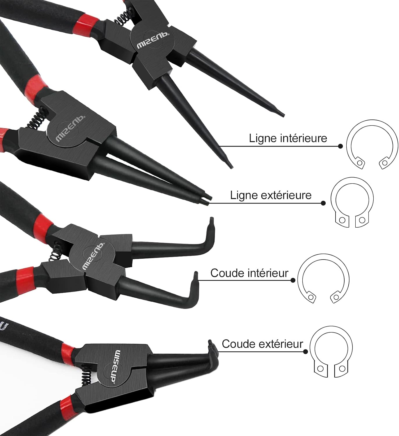 WISEUP Snap Ring Pliers Set Heavy Duty,4PCS-7 inch (Tip Diameter 1/20'') Internal/External Circlip Pliers Kit,Straight/Bent Jaw Pliers Tips C-Clip Pliers for Ring Remover Retaining