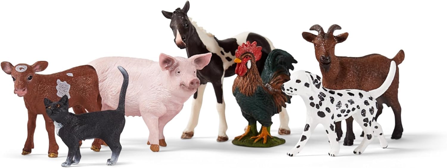 Schleich Farm World - 7 PC Farm Animal Playset with Dog, Cat, Pig, Goat, Rooster, Baby Horse and Cow Toys - Realistic Barnyard Figurines - Fun Educational Figures For Kids and Toddlers Ages 3+ | 77533