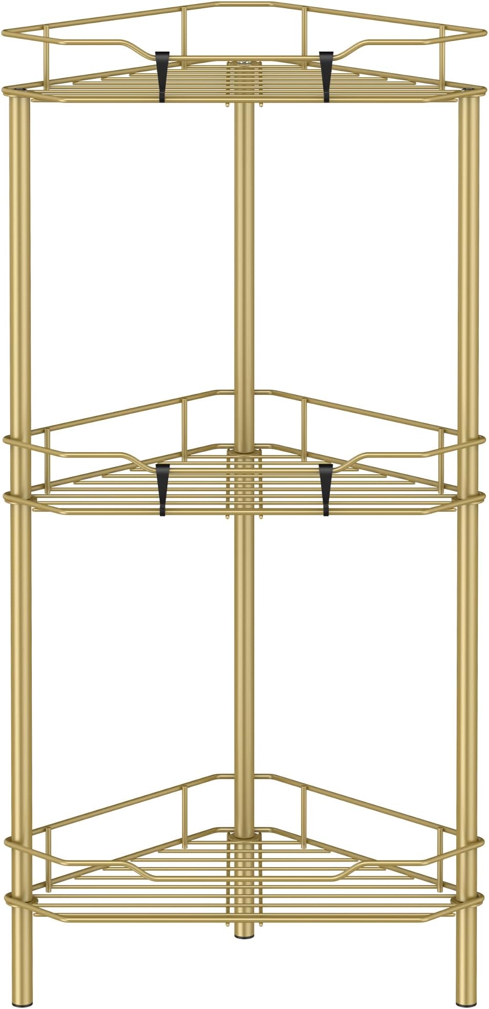 HuggieGems 3 Tier Floor Standing Corner Shower Caddy Organizer Shelf with Hooks, Bathroom Shelves Stand Rack, Gold