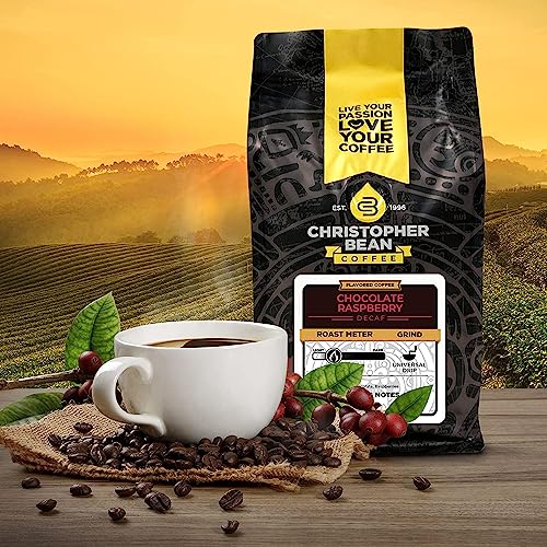 Christopher Bean Coffee Decaf Coffee Ground - Chocolate Raspberry Flavored Coffee, Decaffeinated Coffee W/Non-Gmo Flavoring, Roasted Arabica Coffee Beans, Makes 30 Cups, Non-Dairy & Sugar-Free, 12 Oz #TOP5