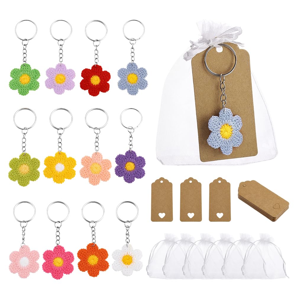 PH PandaHall 24 Set di Portachiavi a Fiori all'Uncinetto, Sacchetti Regalo in Organza per Feste, Portachiavi Floreali, Bomboniere per Ospiti con Etichette di Ringraziamento per Matrimonio, Festa di