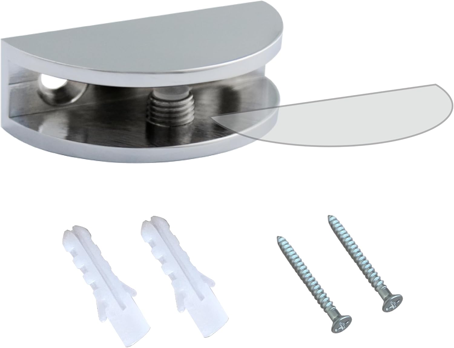 Dulles Glass Floating Shelf Brackets, Rounded Clamps Heavy Duty, Chrome, for Glass, Wood, Acrylic Wall Mounted Shelf Support. 1 Piece