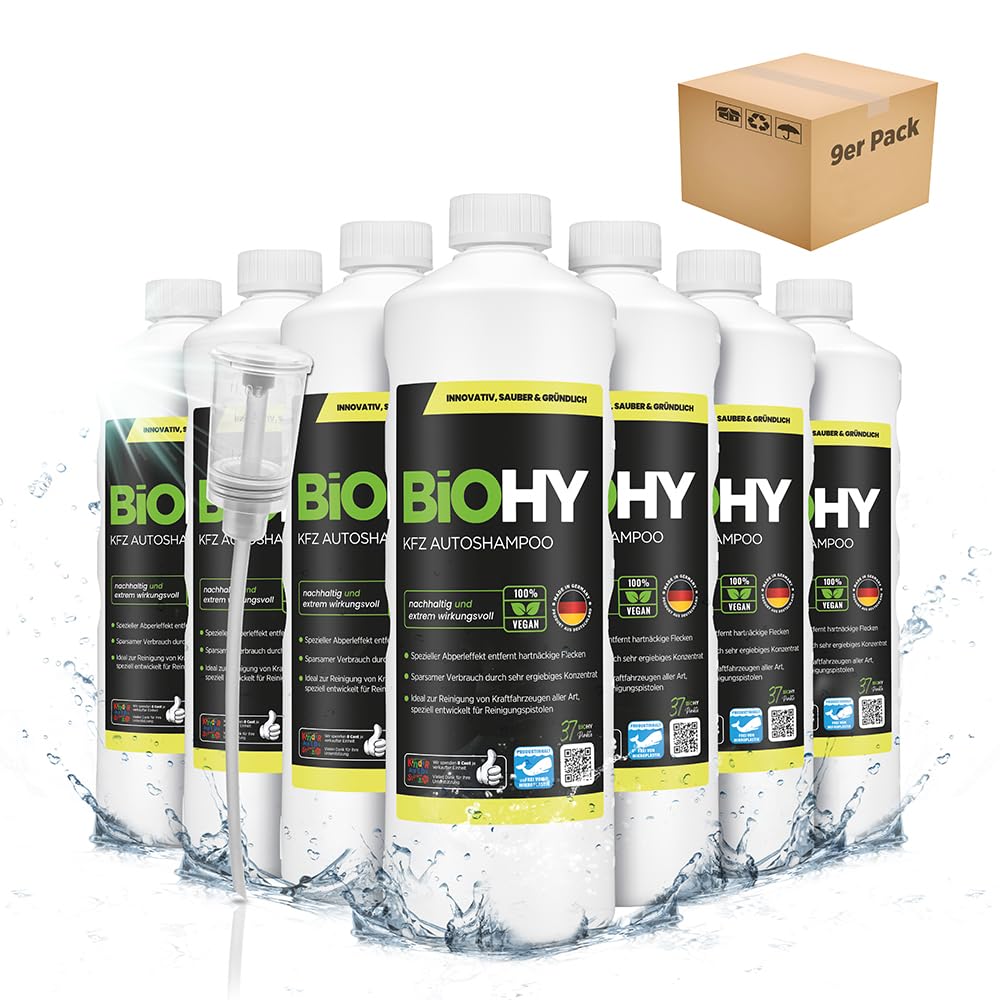 BiOHY Szampon samochodowy (9 x butelka 1l) + dozownik | KONCENTRAT doskonała siła czyszczenia i pienienie | Ochronny efekt perlenia | Tworzy trwały, świeży zapach (KFZ Autoshampoo)