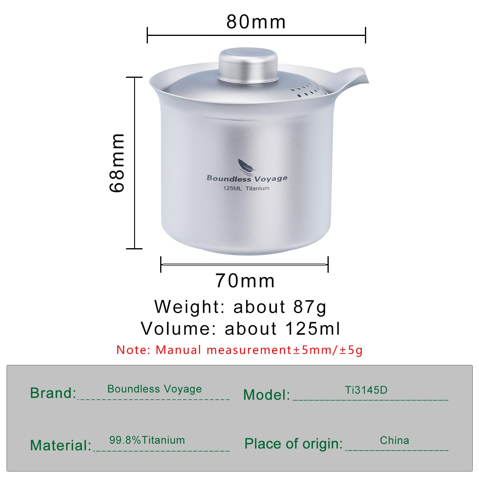 Boundless Voyage Tasse à thé double couche en titane pour l'extérieur, le camping, la randonnée, le pique-nique, les voyages (Ti3145D-125 ml)