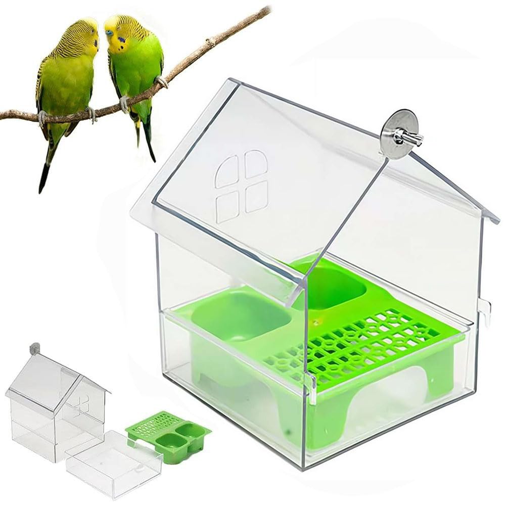 Pull-Out External Parrot Feeder, Bird Cage Feeder, Cockatiel House Bird Bathtub Cage Feeders Holder, Feeding Watering Hanging Shower Box Cage Accessories for Parrot Cockatiels Parakeets (Green 1pcs)