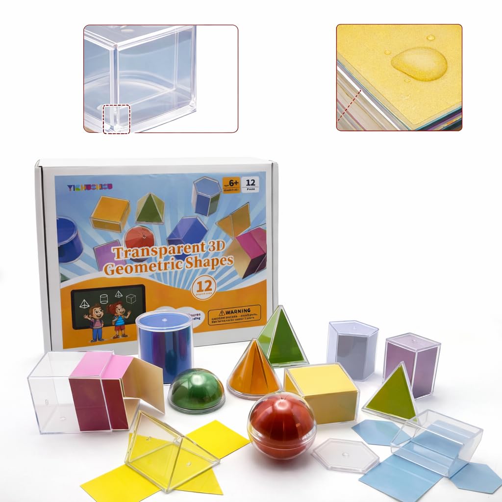 Geometric Solids 3D Shapes & 2D Folding Nets (1.96") 12+12 -Clear Math Manipulatives for Classroom & Homeschool -Thickened Durable Shapes with Smooth Edges,Teacher Supplies for Geometry, Volume & Nets