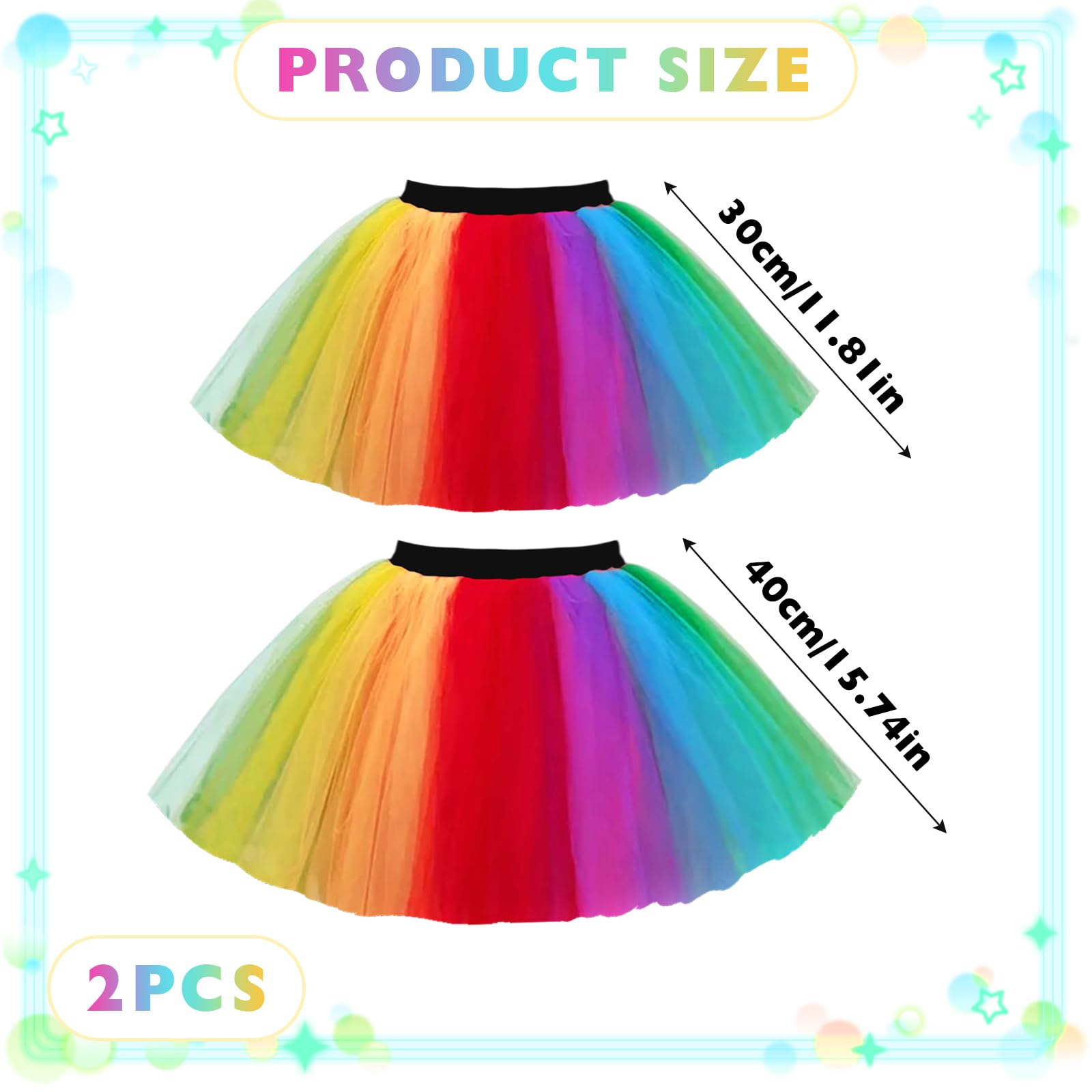 TUONYIS 2 Pieces Tutu Skirt,Ladies Neon Tutu Skirt Fancy Dress,Neon Rainbow Tutu,80s Fancy Dress Dance Skirt for Girls Women 80s Party Outfit - Image 2