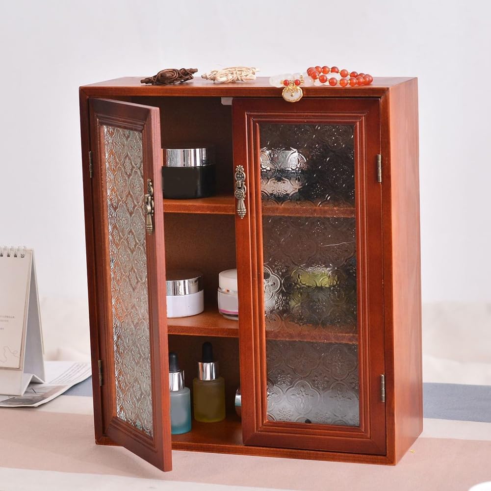 ikafxn 木製ベッドサイド収納キャビネットオーガナイザーウォールキャビネットヴィンテージ木製ディスプレイキャビネットダブルドア、