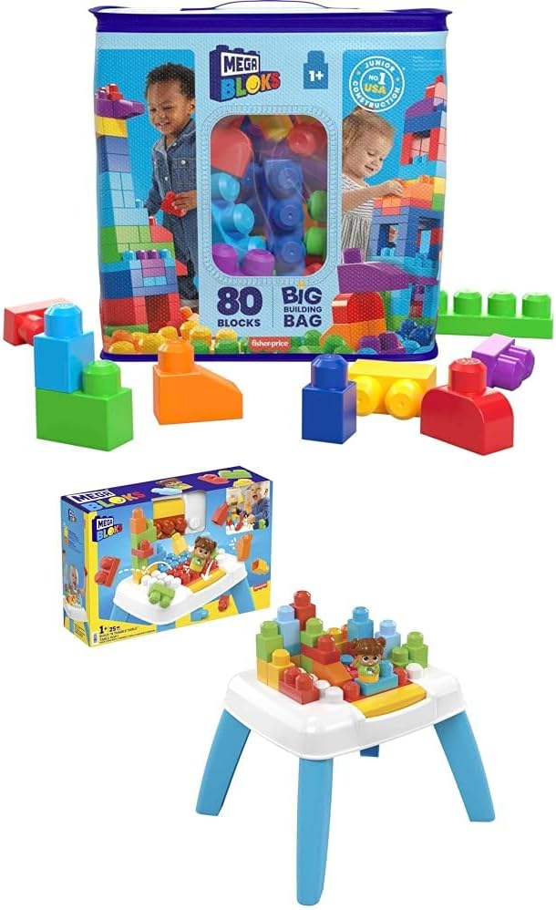 Bundle of MEGA BLOKS Fisher-Price Toddler Block Toys, Big Building Bag with 80 Pieces and Storage Bag, Blue + Sensory Building Toys Playset, Musical Farm Band with 45 Toddler Blocks and 6 Music Sheets