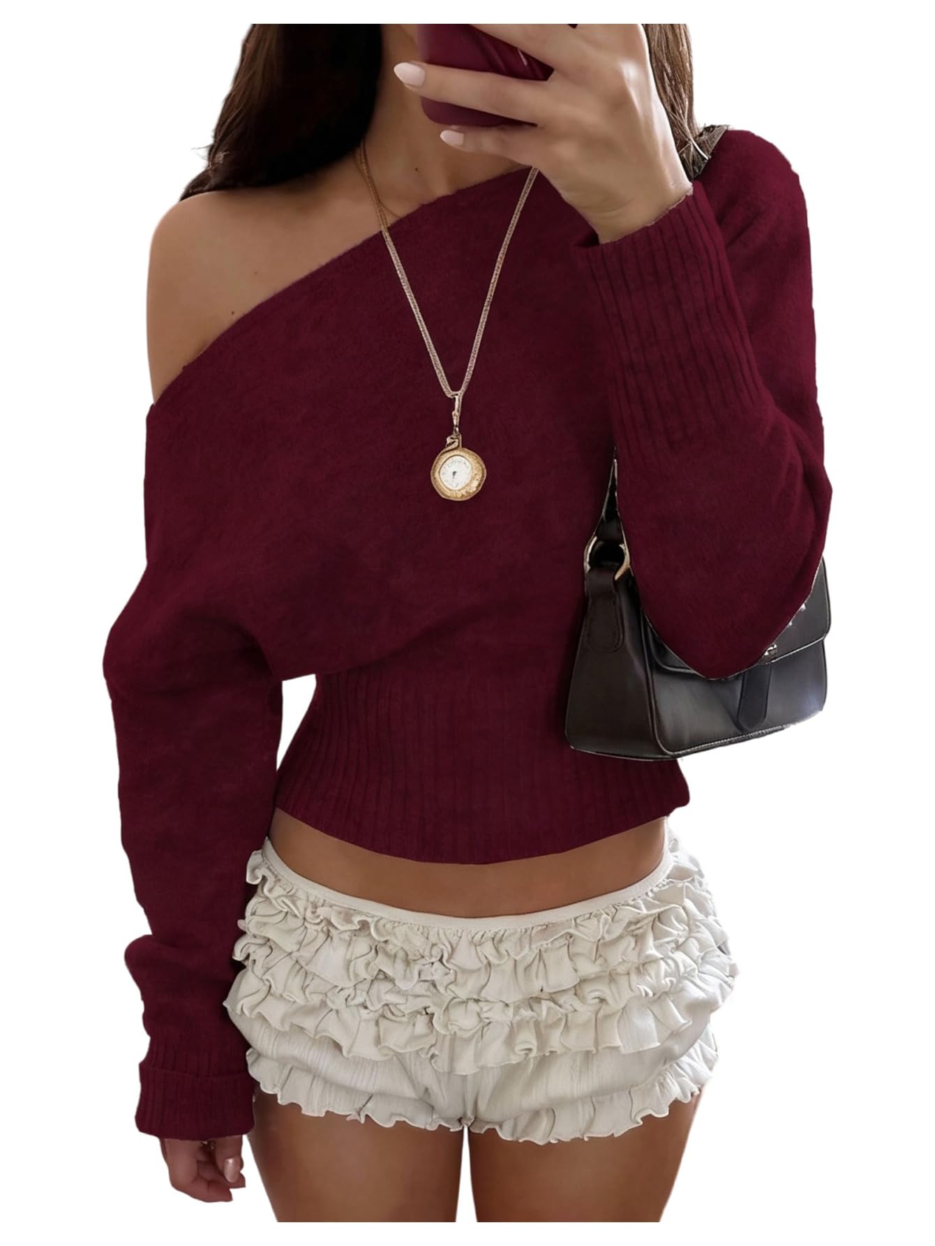 GORGLITTER Womens Off The Shoulder Cropped Sweater Long Sleeve Fall Winter Knit Tops Asymmetrical Neck Trendy Pullover