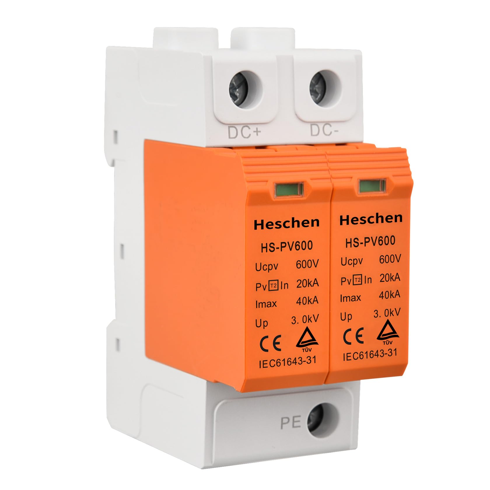 Heschen Surge Protective Device for PV HS-PV600, 2P 600VDC 20KA, Fire-Proof, 35mm DIN Rail Mounting
