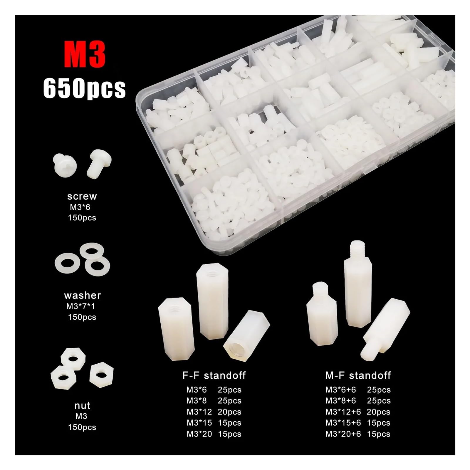 445/650/850/1300 Stück M2 M2.5 M3 M4 PCB Motherboard Weiß Kunststoff Nylon Sechskant Sechskant Abstandshalter Säule Abstandshalter Schraube Mutter Unterlegscheibe Kit Set(M2*1300pcs)