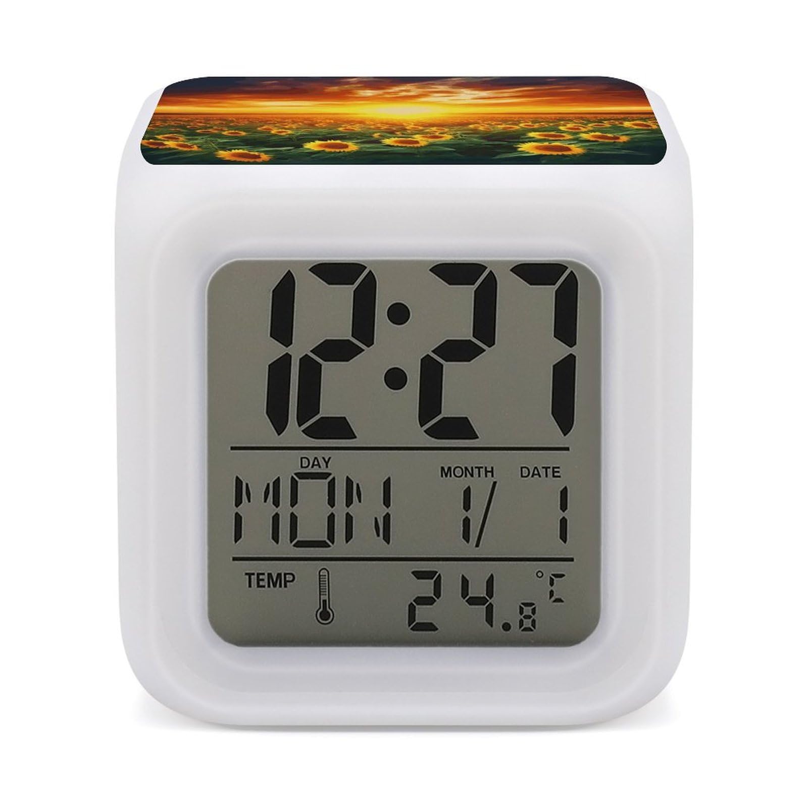 JTREHY Dreamlike Sunset of A Sunflower Field Alarm Clock Seven Color Night Light Digital Clock Precision Reliable Alarms Clocks for Bedroom Heavy Sleepers Adults Gift for Men and Women