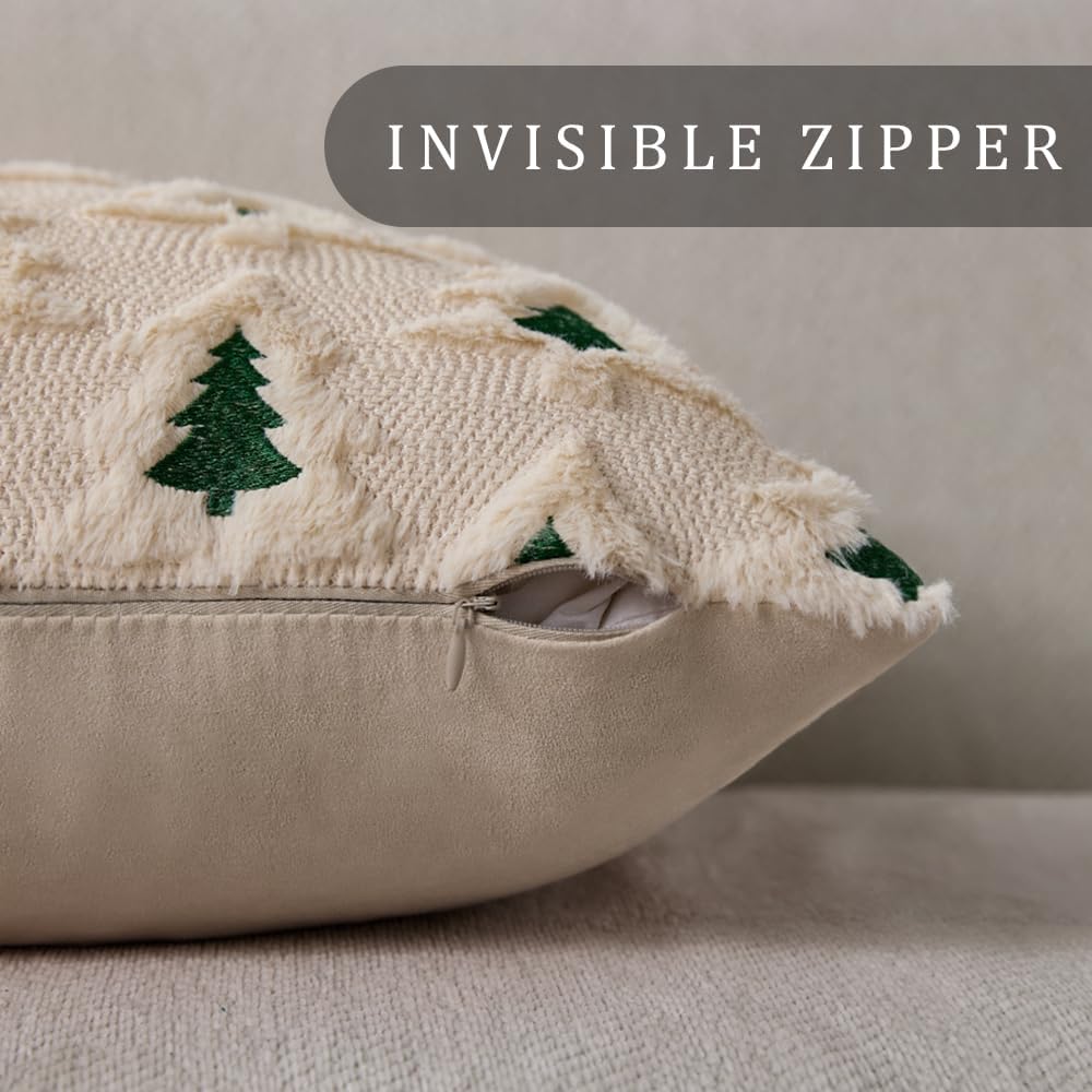 Christmas Pillow Covers 16x16 Set of 2 Beige Double Xmas Tree Pillow Covers Soft Plush Faux Fur Christmas Decorations for Xmas Winter Holiday Home Bedroom Sofa Cushion Cases PT-008C16 - Image 2