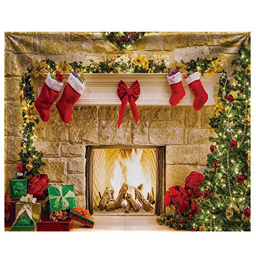 Funnytree 10x8ft Durable Christmas Fireplace Backdrop No Wrinkles Fabric Interior Vintage Xmas Tree Stockings Photography Background Portrait Photobooth Party Banner Decorations Photo Studio Props