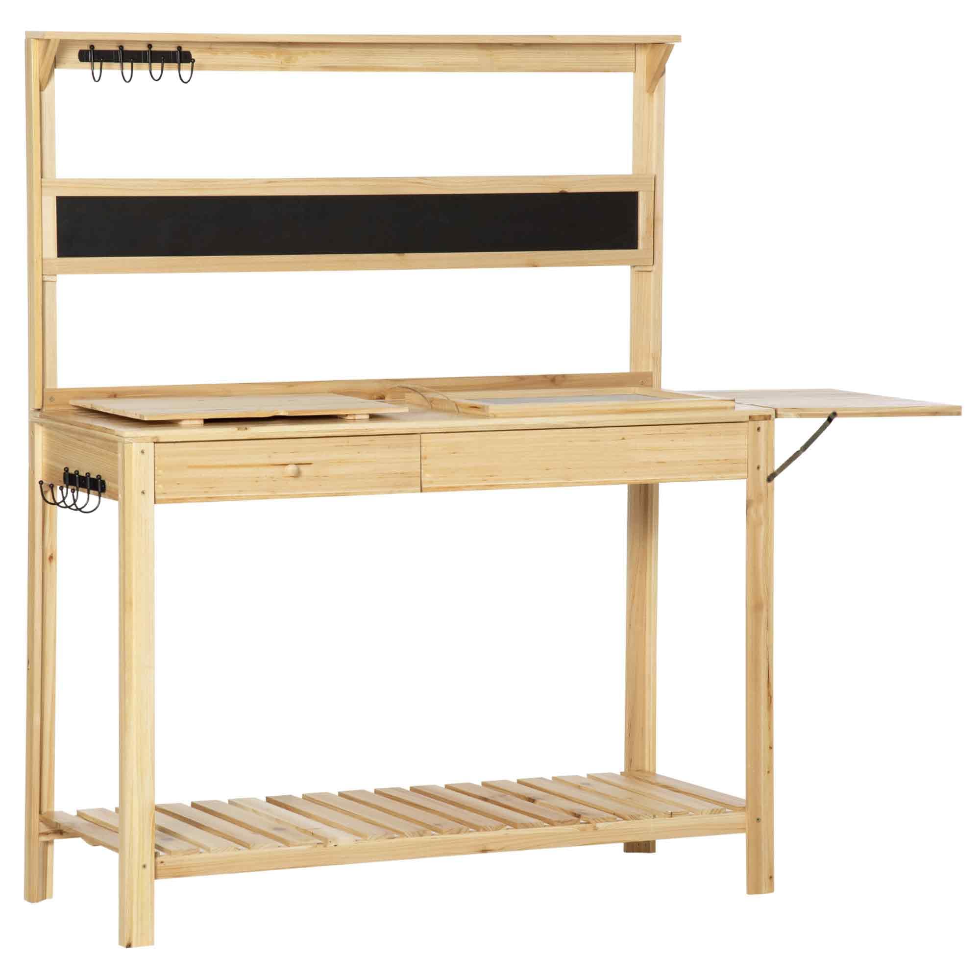 Outsunny Table de rempotage de jardin avec 2 étagères, tiroir, étagère pliante, 8 crochets, évier, tamis, planche en bois d'épicéa