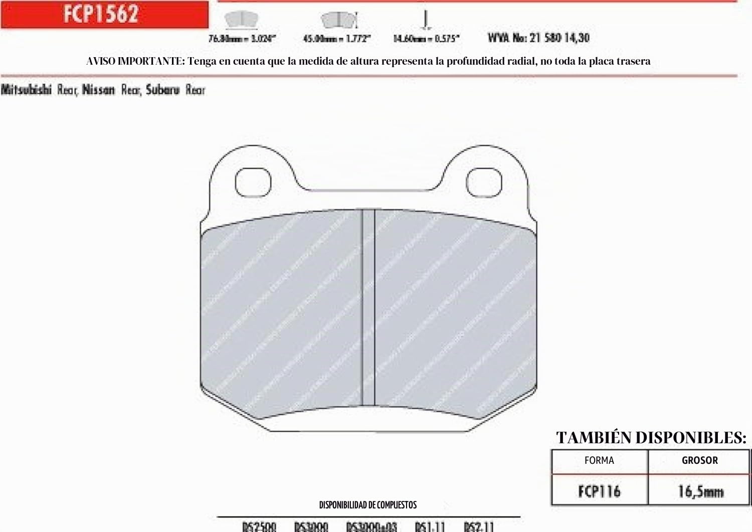 Ferodo Racing Pastillas de freno de disco DS2500 FCP1562H
