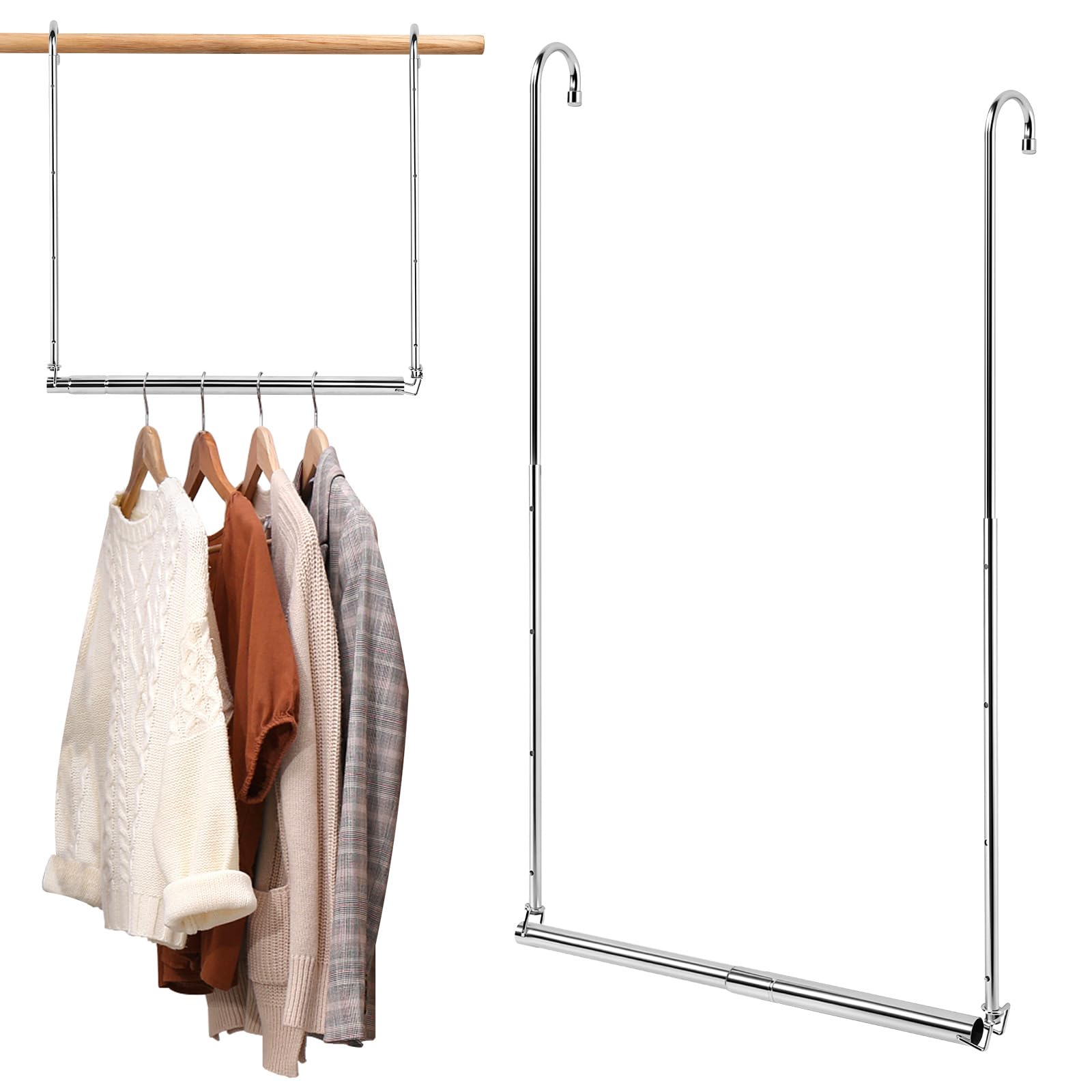 MENIBBLER Adjustable Hanging Closet Rod, Extendable Stainless Steel Clothes Hanger with 50 lbs Load Capacity 40.5-71cm Length and 43-73cm Height Telescopic Organizer for Wardrobe Balcony(silver)
