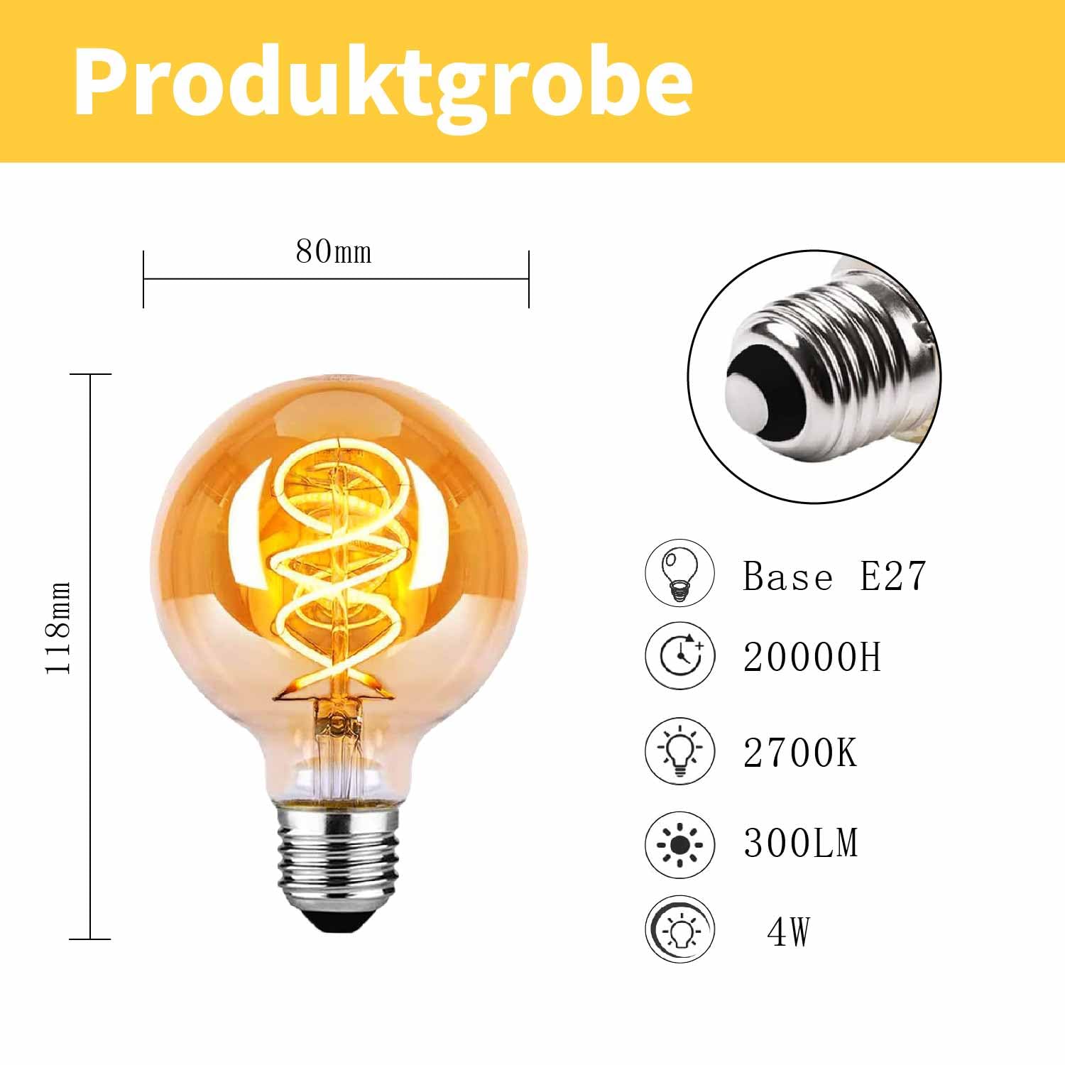 Edison Vintage Glühbirne E27,E27 LED Vintage 4W G80 2700K Warmweiss Retro Glühbirne LED Filament Lampe für Retro Beleuchtung im Wohnzimmer/Schlafzimmer/Esszimmer - Bernstein, 6 Stück