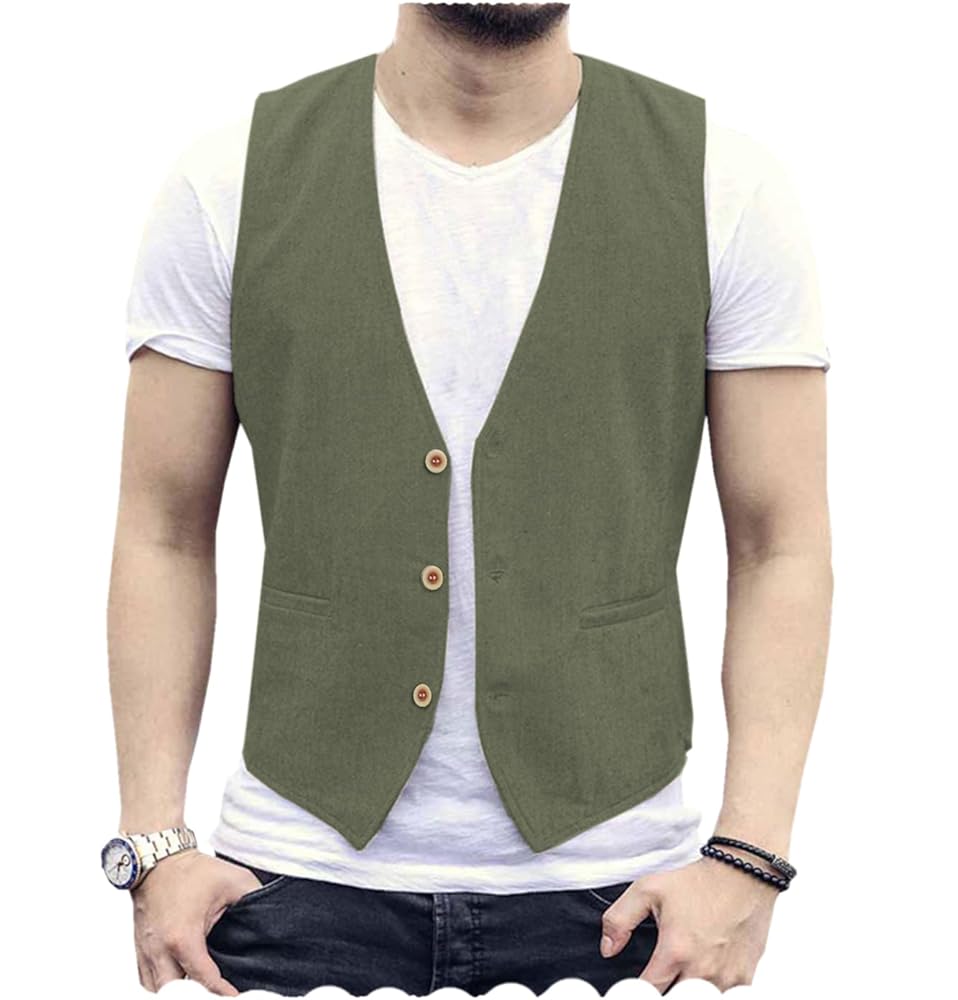 Tuikayoo Men's Summer Linen Vest Suit Waistcoat Casual Vest