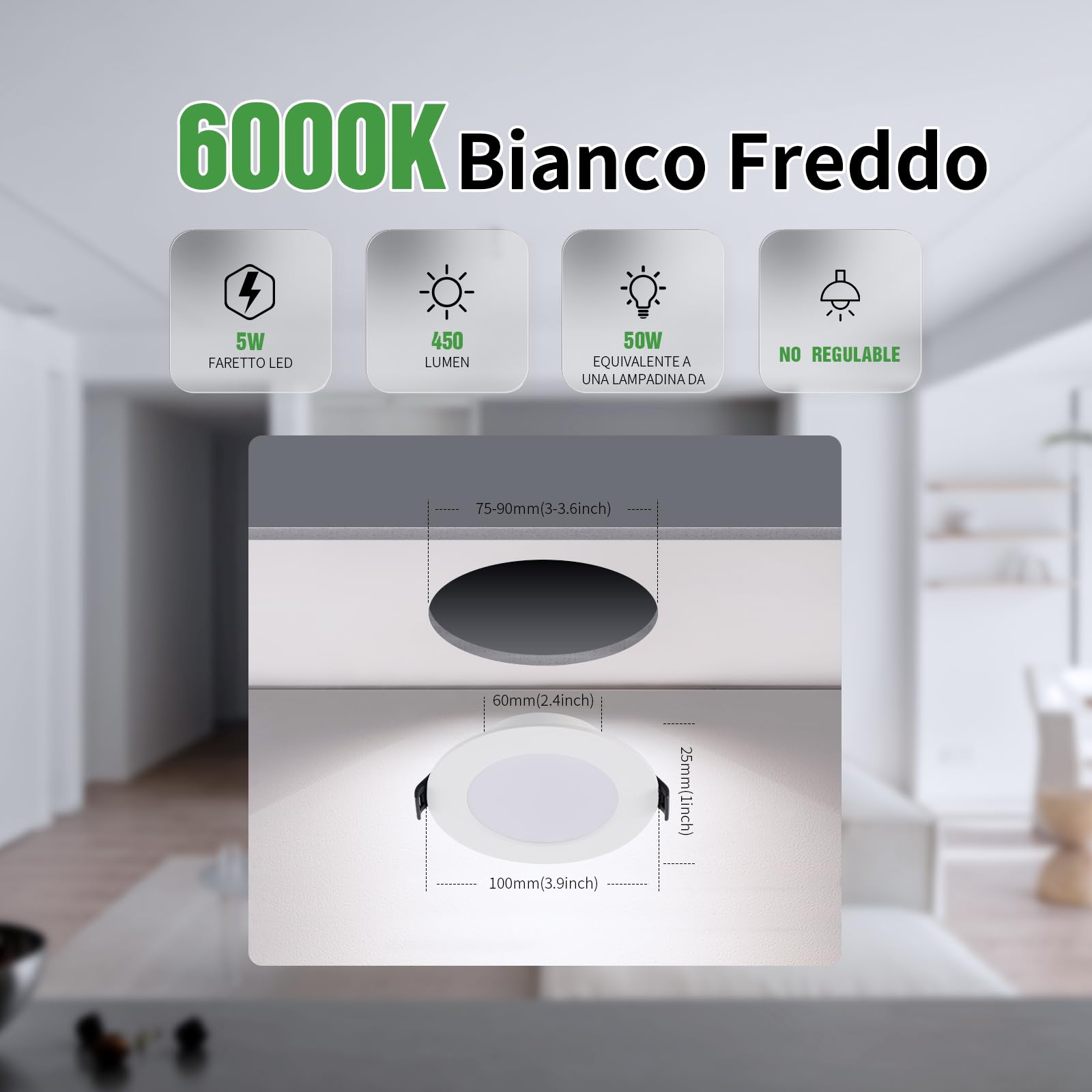 Faretti LED Da Incasso 5W - Set Da 6 Luci Per Soffitto Bianco Freddo 6000K, Impermeabili IP44 - Foto 12