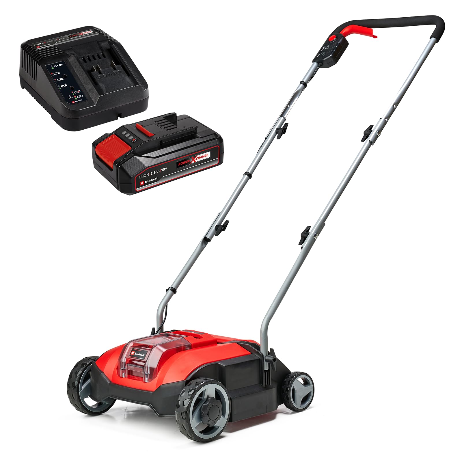 Einhell Escarificador con batería GC-SC 18/28 Li-Solo Power X-Change (iones de Li, rodillo de cuchillas de 28 cm, ajuste de profundidad de trabajo de 3 niveles, con batería 2.5 Ah y cargador)