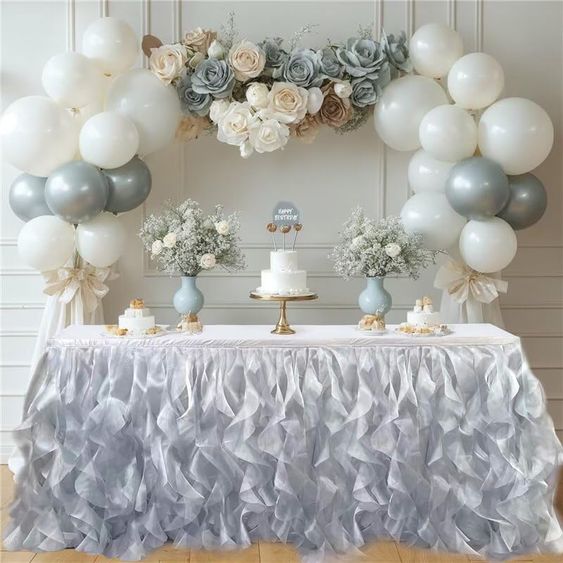 Image of Luxury Organza Mesh Table Skirt Draping Floating Romance - Perfect for Bridal Showers, Birthday Weddings - Clear Flowing Decoration for a Wonderful Main Cake Table (Silvey Grey-6ft, 72 inchLx30 inchH)