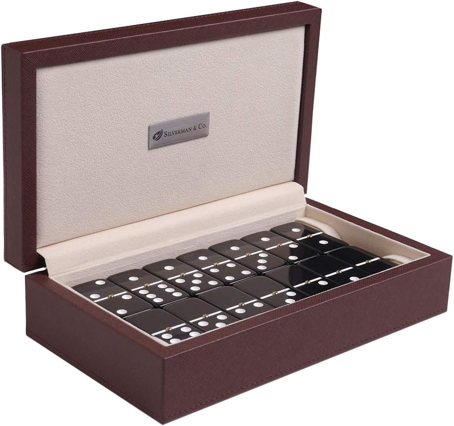 Silverman & Co. Double 6 Large Black Domino Set - Brown Case