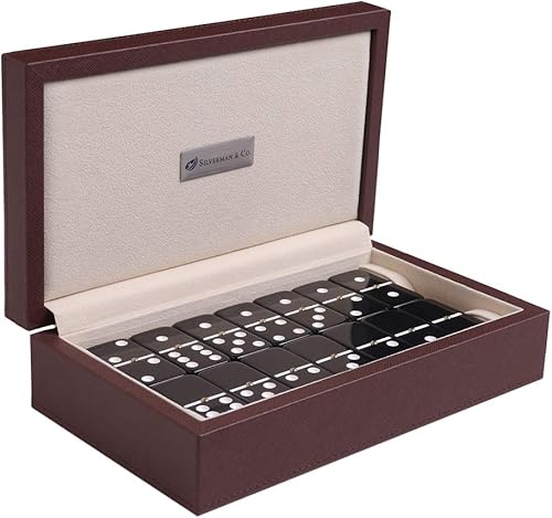 Silverman & Co. Juego de dominó negro doble 6 grande - Estuche marrón