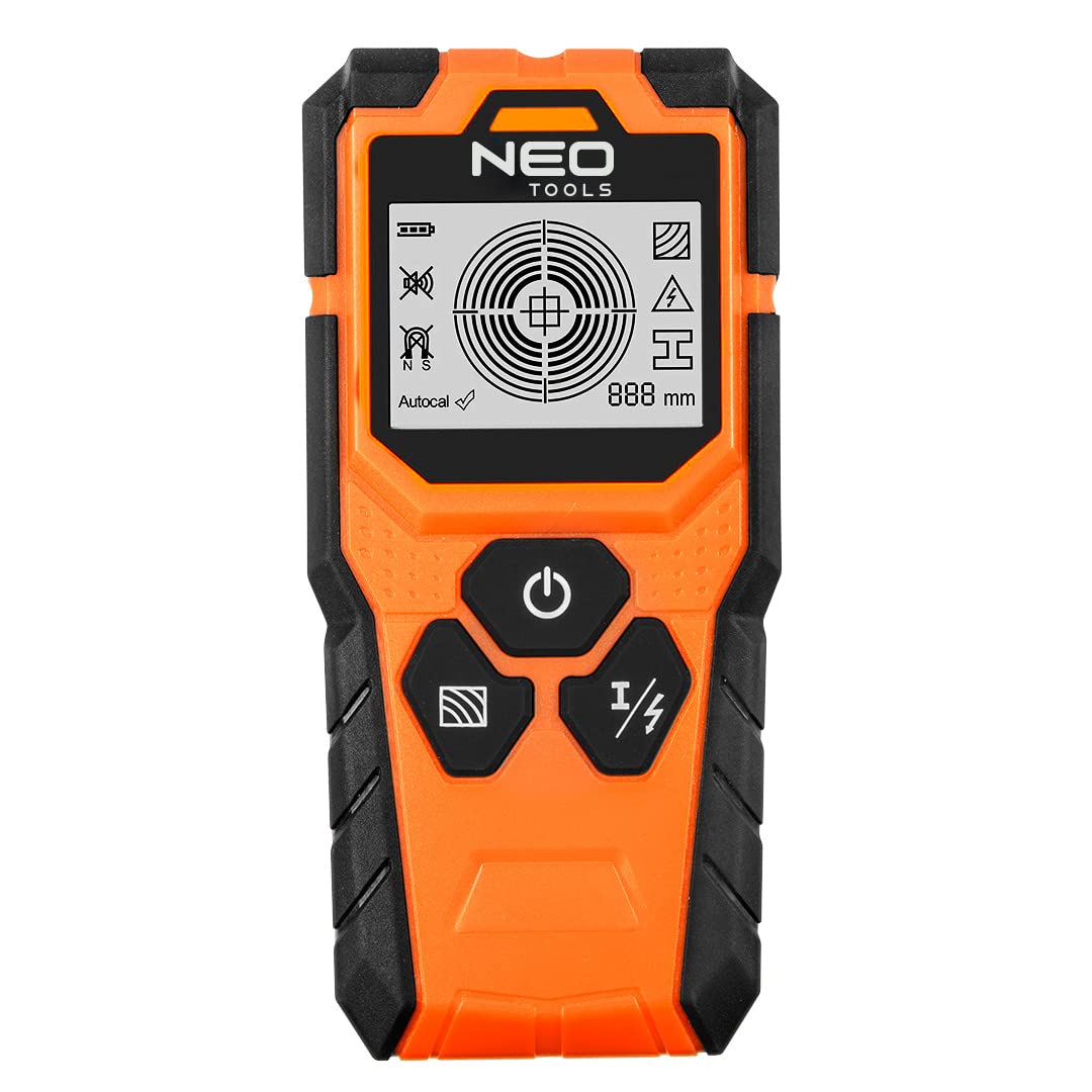 NEO TOOLS Detektor mit 3-in-1-Display, maximale Scantiefe: Eisenmetalle | 100 mm, Nichteisenmetalle 80 mm, Stromführende Drähte 50 mm, Holz 20 mm, Batterie 1 x 9V, IP 54