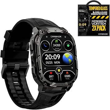 CARBINOX Vortex Smart Watch with Tempered Glass 2 Pack, Rugged Fitness Tracker IP69K Waterproof Compatible with Android and iOS Phone, 14 Days of Battery Military Durable