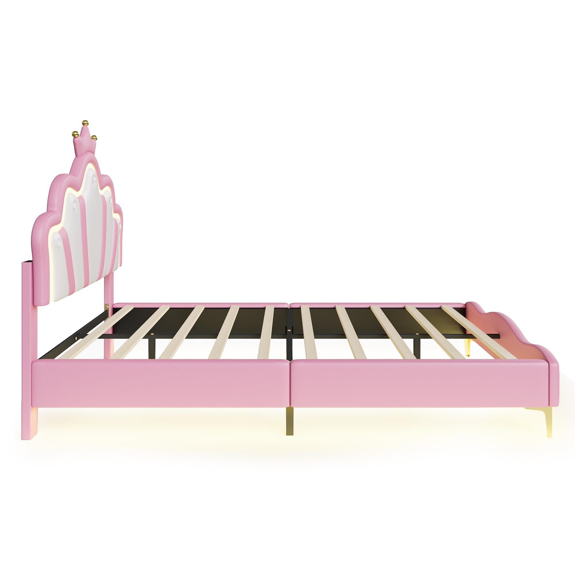 Lit Enfant 140x190 en Forme de Couronne Princesse, Lit avec LED et Tête de Lits Réglable, Cadre Lits 1 Place en Nuages pour Ado, Rose PU