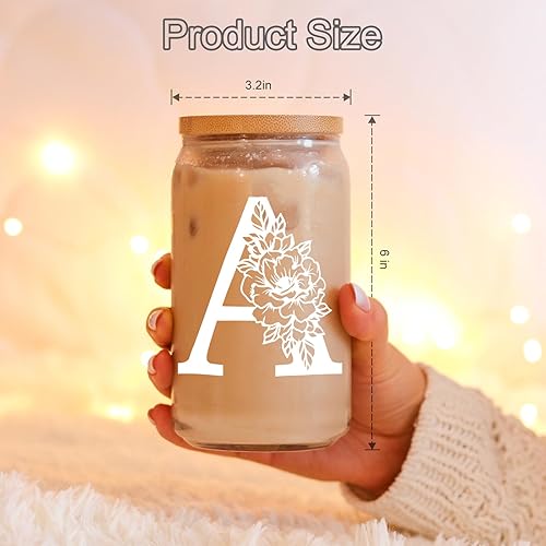 Miniatura 5 de Coolife Vaso de vidrio con inicial, regalos con monograma para mujer, tazas de vidrio de 16 onzas con tapas y pajitas, vaso de cerveza para batido