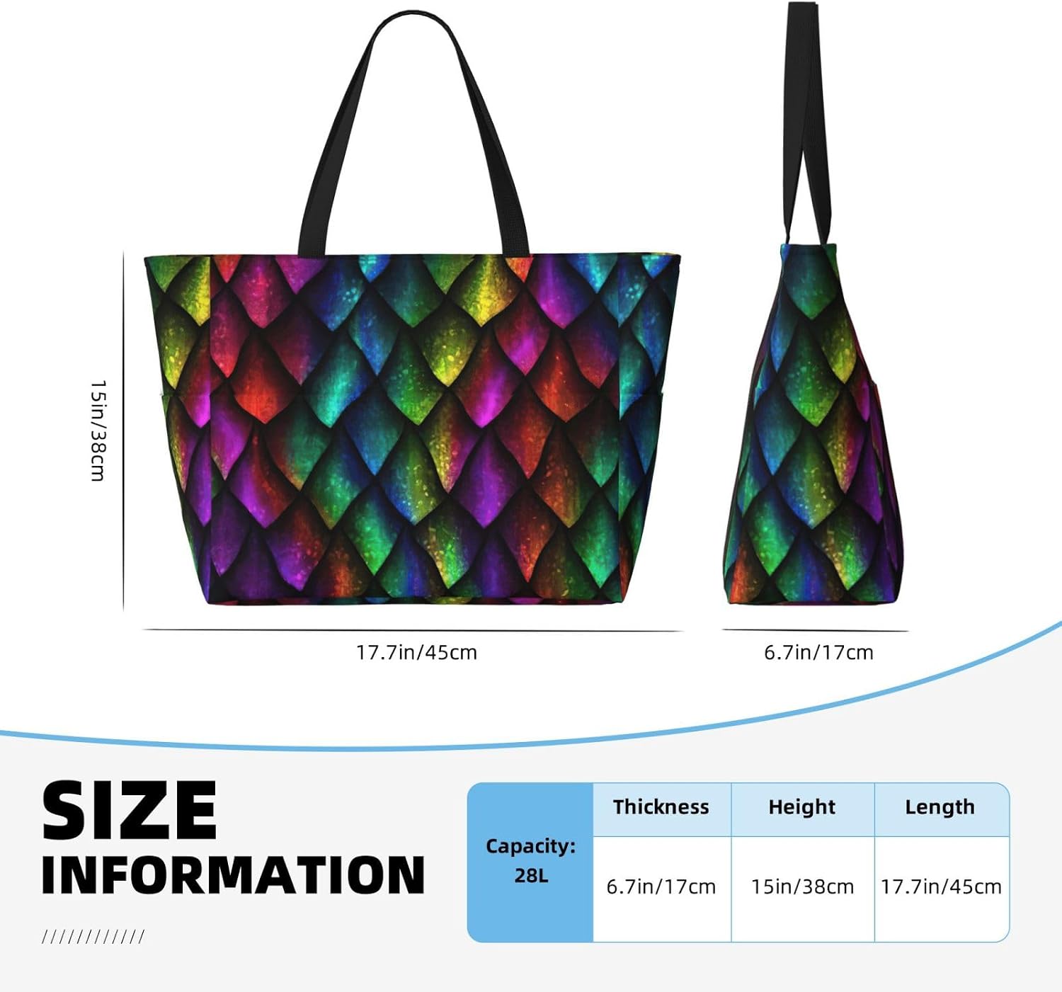 Dragon Scale Print Large Capacity Beach Travel Bags with Zipper and Pockets for Travel Vacation Fitness