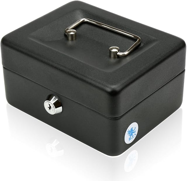 H&S Money Box Tin 6" Steel Cash Safe Box Petty Cash Deposit Tin with Lock 2 Keys - Black