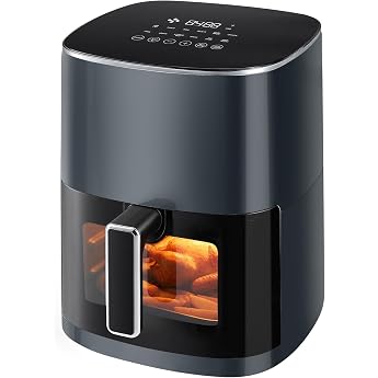 Sweetcrispy Hot Air Fryer Airfryer 6L with Viewing Window 12-in-1 Functions & Touchscreen Air Fryer Healthy Fat-Free Cooking Non-Stick Basket Dishwasher Safe Baskets for 3-6 People Grey
