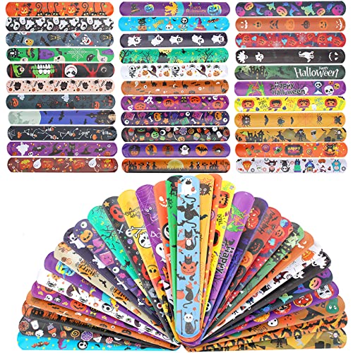 120 Pcs Friendship Bracelets Halloween Slap Bracelets Party Favors for Kids - 60 Different Design Bracelets Halloween Party Supplies and Decorations Snap Bracelets with Halloween Classies Pattern