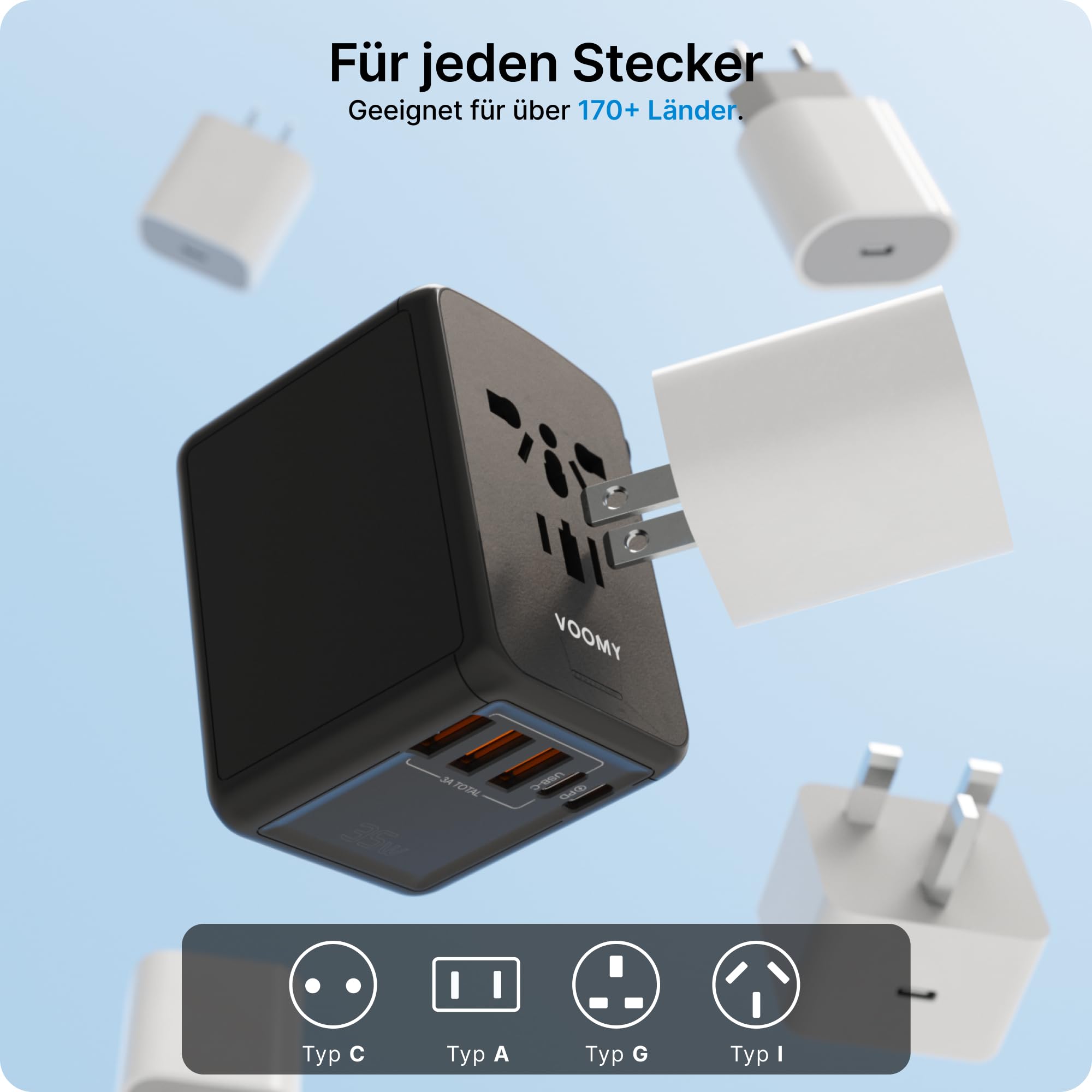 Voomy Reiseadapter Weltweit 35W, Reisestecker Adapter Weltweit mit 3 USB-A & 2 USB-C, Universal Travel Adapter für Deutschland USA England Australien Japan, Internationaler Stecker