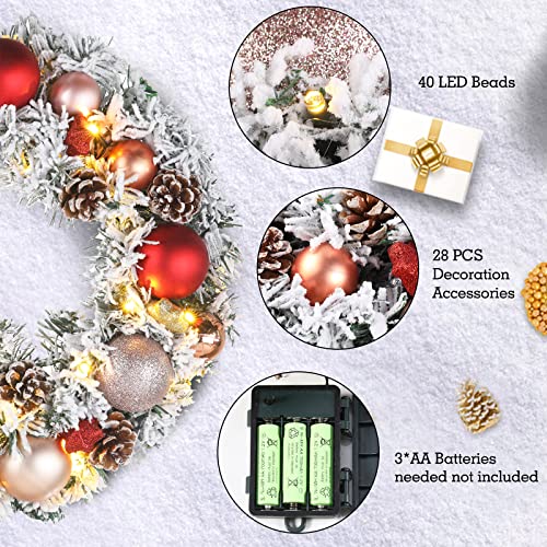 Quntis Snow Flocked Christmas Wreath with Lights, 16\'\' Pre-lit Artificial Winter Front Door Wreath Pinecones Mixed Decorations, Outdoor Xmas Garland for Holiday New Years Indoor Wall Window Fireplace - Thumbnail 3