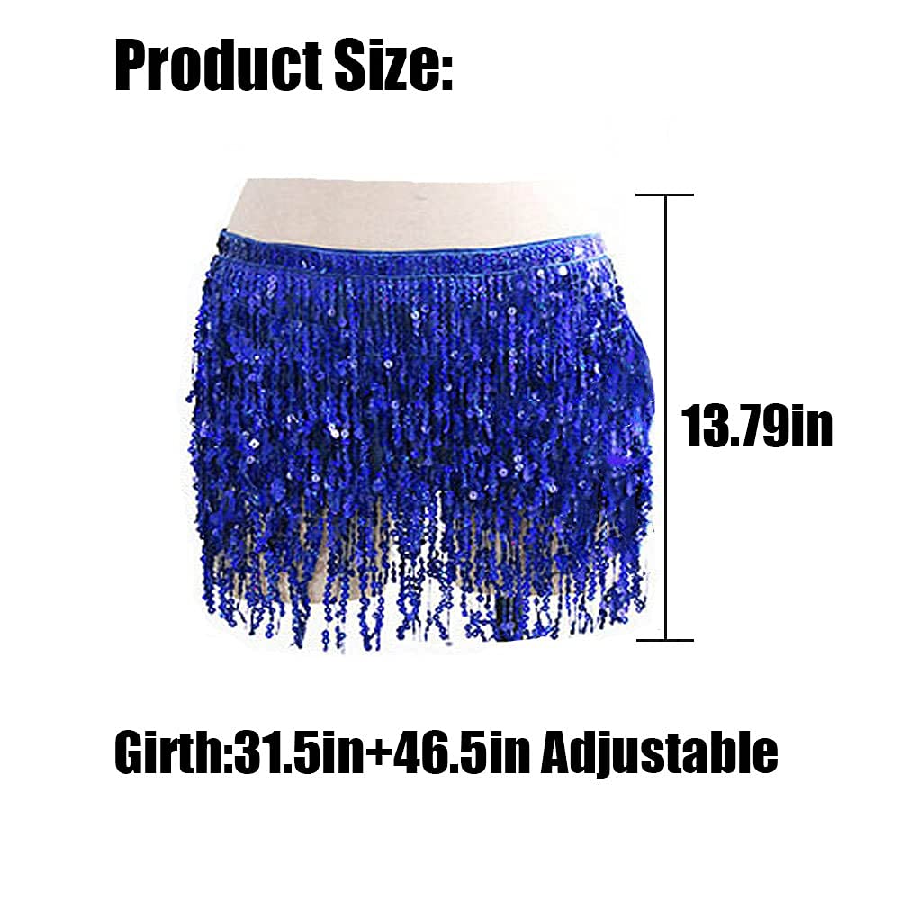 Falda de danza del vientre con lentejuelas para mujer, cinturón de cadera, borla, bufanda, disfraz rave (azul real)