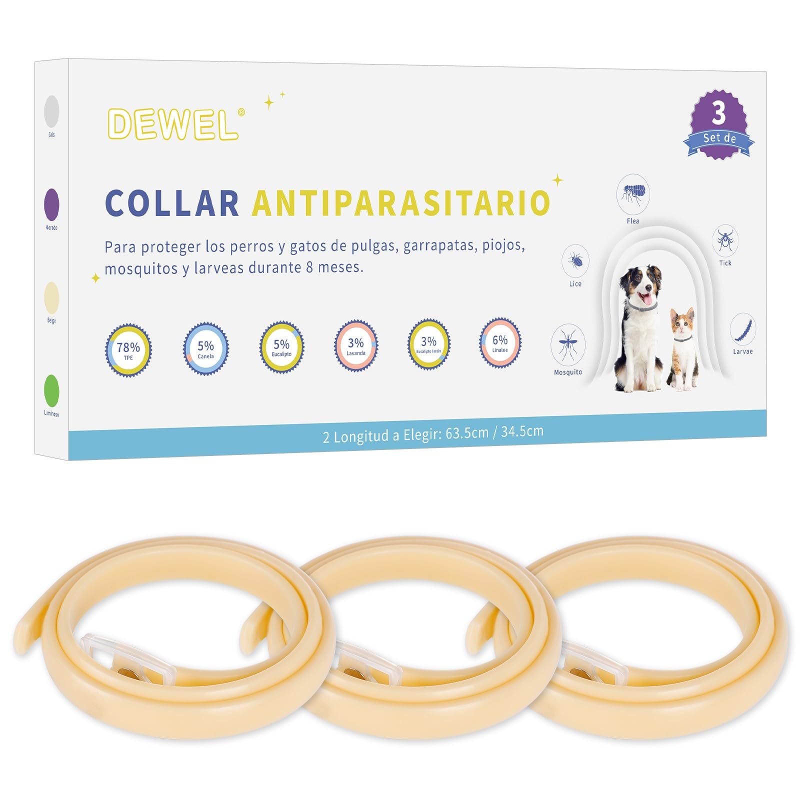 DEWEL Collares Antiparasitarios, Collares contra Pulgas y Garrapatas para Perros y Gatos, Collares Antipulgas Ajustable para Mascotas (Beige, 63.5 cm)
