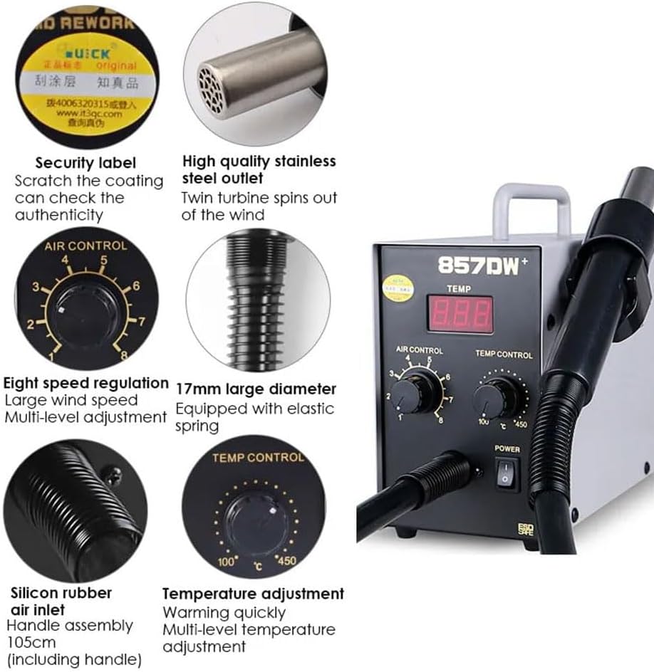 Quick 857DW+ Adjustable Hot Air Gun Soldering Station - 580W High Power, Precision Temperature Control, 4 Nozzles Included, Rapid Heating for SMD Rework, Electronics Repair & DIY Projects