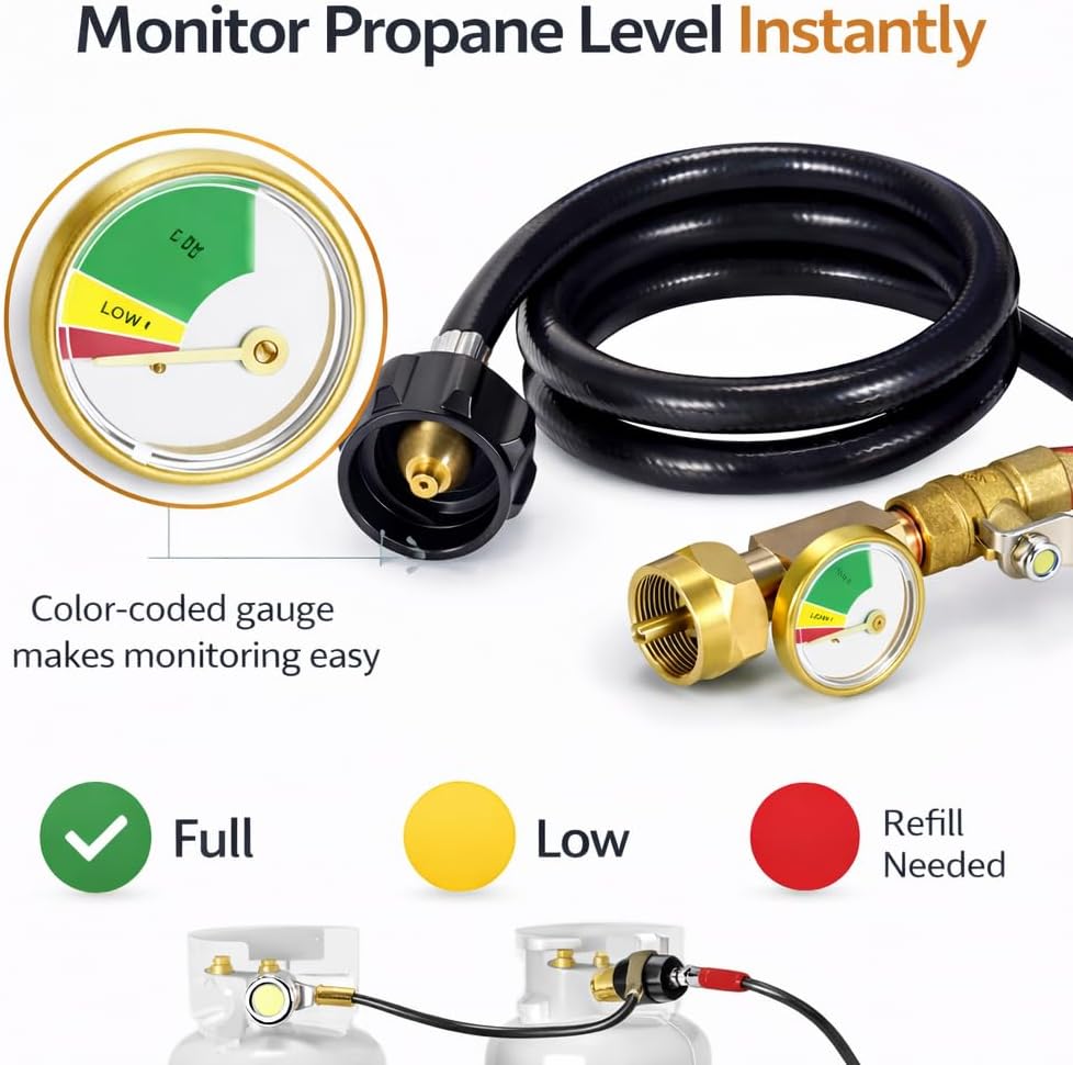 TOAKA Propane Refill Adapter Hose for 1 lb Tanks, 3.3FT Hose with Pressure Gauge & Valve, Heavy Duty Brass QCC1/Type1 Connector for Refilling from 20 lb Propane Tank Camping