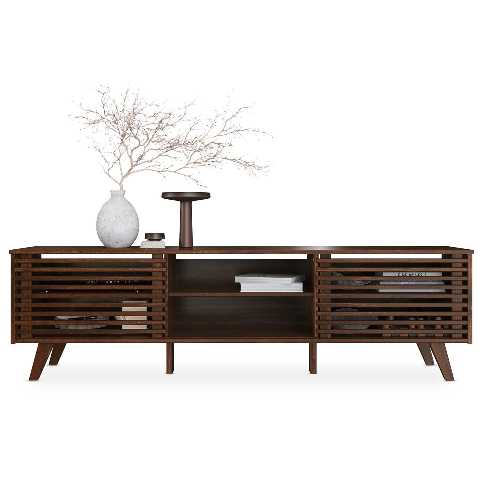 IDIMEX TV Lowboard RIAN mit 2 Schiebetüren für 75" TV Nussbaum Finish - TV Kommode aus massivem Kiefernholz, 3 verstellbare Einlegeböden, TV Sideboard