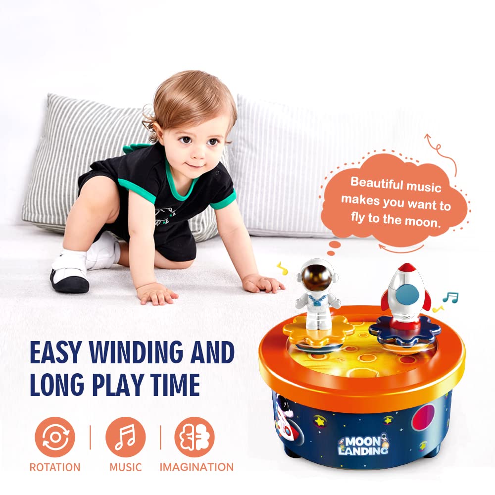 WEofferwhatYOUwant Caja de Música Espacial Infantil – Astronauta y Cohete Giratorios – Melodía Fly Me to the Moon – Sin Pilas – Tarta Cumpleaños – Regalo Niños Navidad Fiesta Decoración Lunar