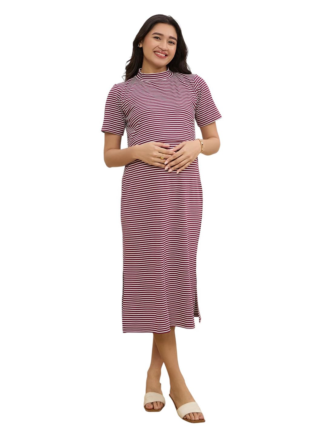 MomToBe Women’s Polyester Maternity Dress | Comfortable Calf-Length Dress for Pre & Post Pregnancy-picture-3